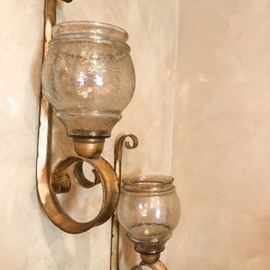 Gold metal and glass candleholders (pair)
